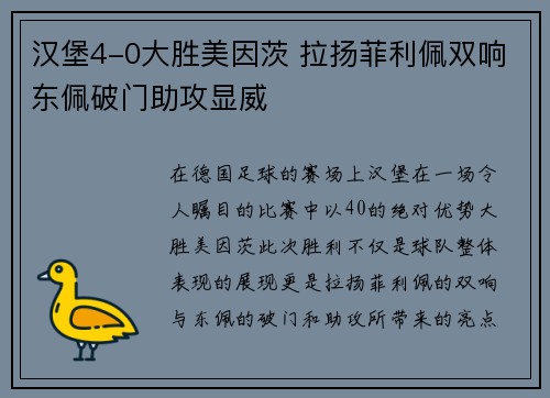 汉堡4-0大胜美因茨 拉扬菲利佩双响东佩破门助攻显威